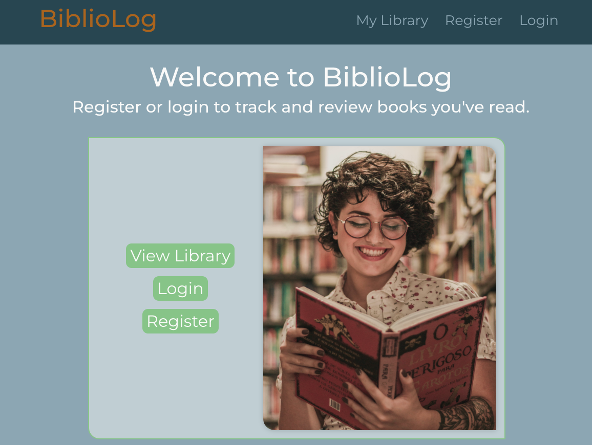 Bibliolog screenshot showing the home page with an image of a woman reading a book.