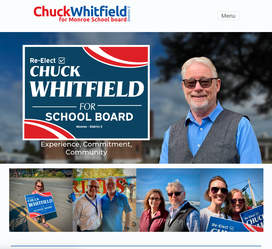 Screenshot of a political campaign site for Chuck Whitfield featuring a Vote for Chuck Whitfield sign and a headshot of Chuck.