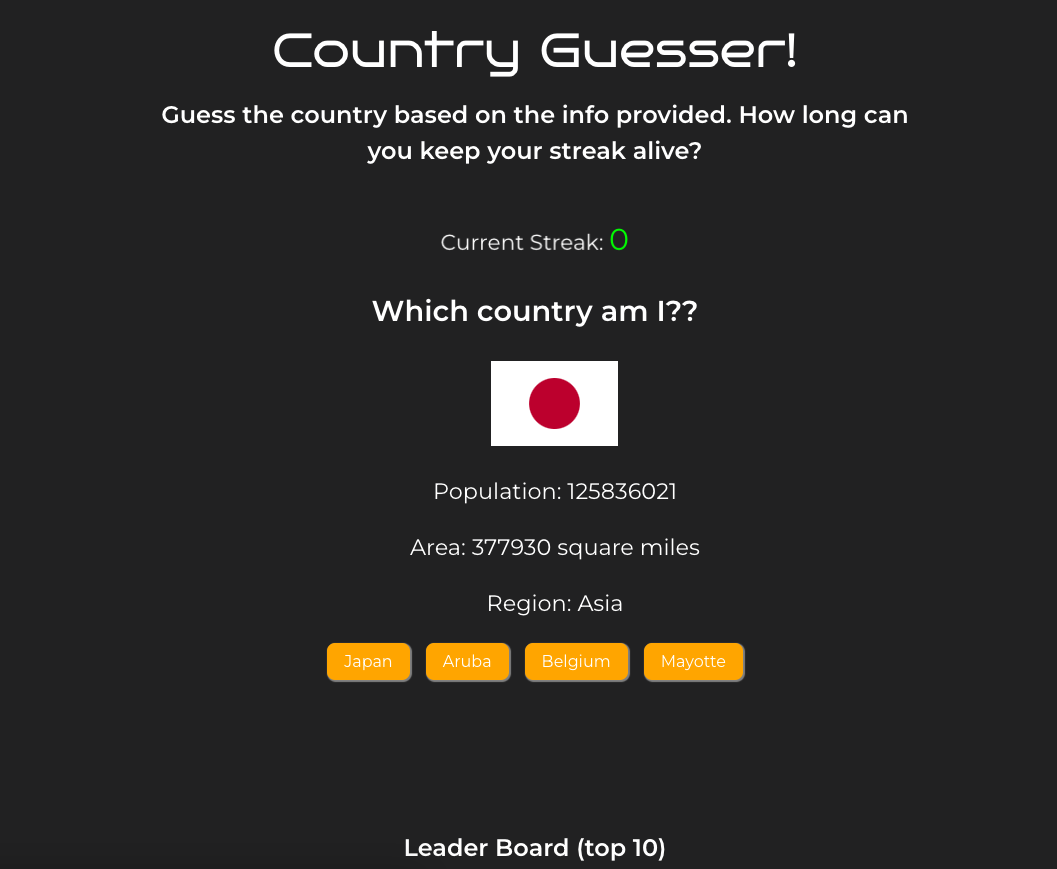 Screenshot of Country Guesser website