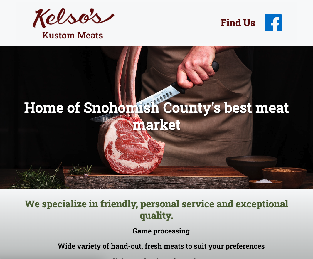 Screenshot of a Kelso's Meats landing page featuring a slideshow of meats and cows.